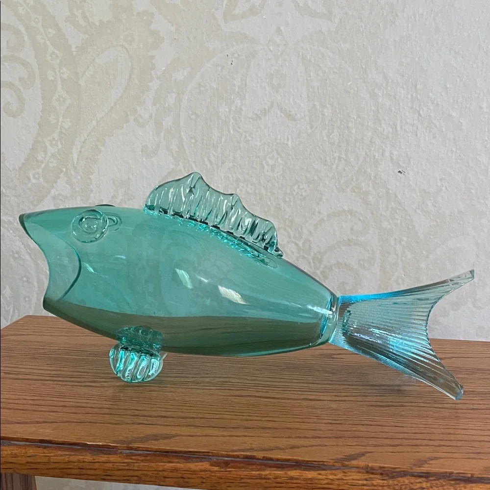 Rare Vintage Blenko style Aqua Glass Fish vase 12.5” tall